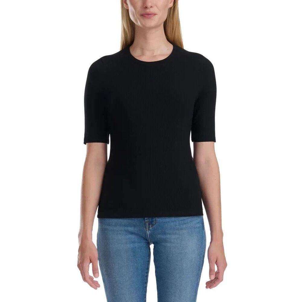 Splendid Ribbed Knit Top Black Elbow Sleeve Pullover Women's Medium